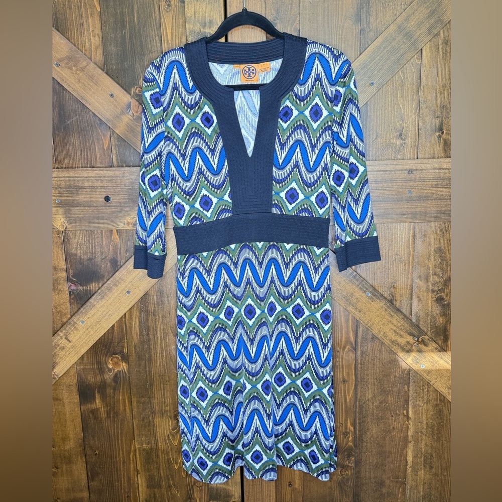 TORY BURCH 100% Silk Geometric Print Sheath V-Neck Dress Women’s Size M